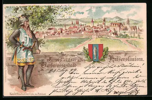 Lithographie Kaiserslautern, Teilansicht, Ritter, Wappen