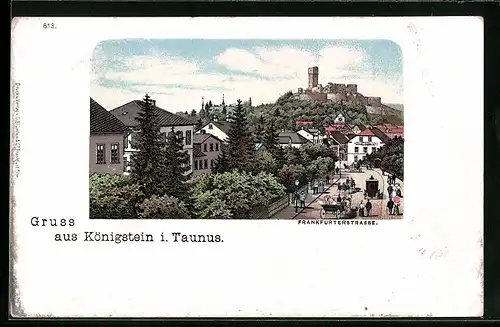Lithographie Königstein im Taunus, Frankfurterstrasse mit Burg