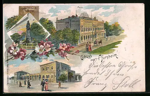 Lithographie Pforzheim, Post, Bahnhof, Kaiser Wilhelm Denkmal