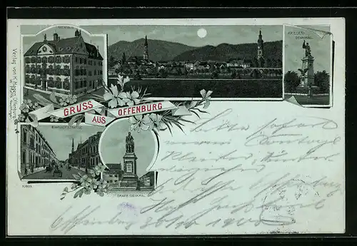 Mondschein-Lithographie Offenburg, Rathaus, Bahnhofstrasse, Drake-Denkmal