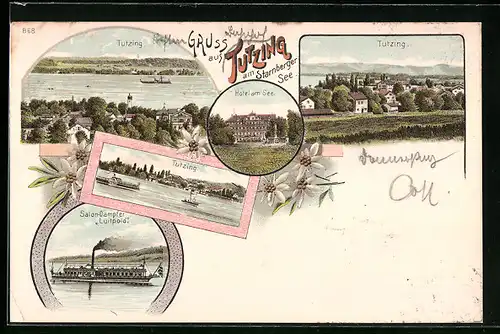 Lithographie Tutzing, Hotel am See, Salon-Dampfer Luitpold