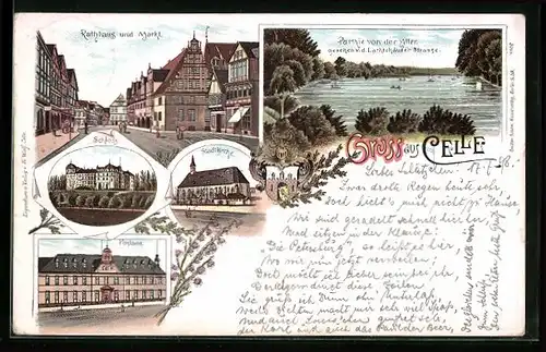 Lithographie Celle, Schloss, Postamt, Stadtkirche