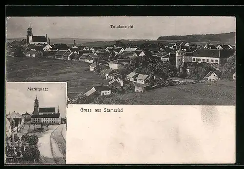 AK Stamsried, Totalansicht, Marktplatz mit Kirche und Denkmal