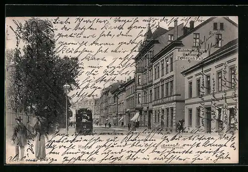 AK Hagen, Kölnerstrasse mit Bahnhofs-Hotel Friedrich Falke und Strassenbahn