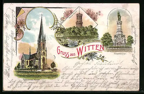Lithographie Witten, Gedächtnis-Kirche, Helenenturm, Kriegerdenkmal