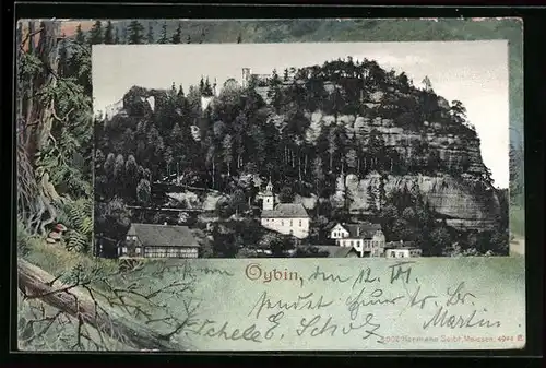 AK Oybin, Ortsansicht mit Felswand