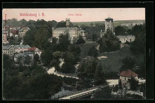 AK Waldenburg i. S., Ortsansicht mit fürstl. Schloss