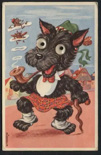 Glasaugen-AK Schottischer Terrier im Kilt mit Pfeife