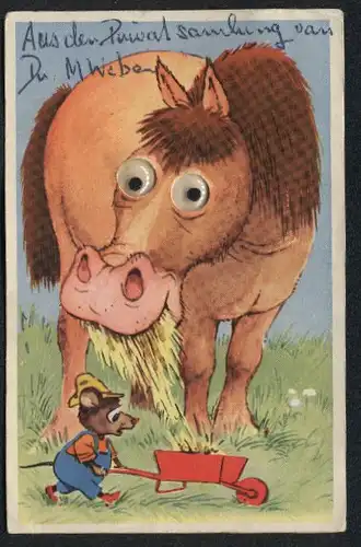 Glasaugen-AK Pferd auf der Koppel beobachtet Maus mit roter Schubkarre