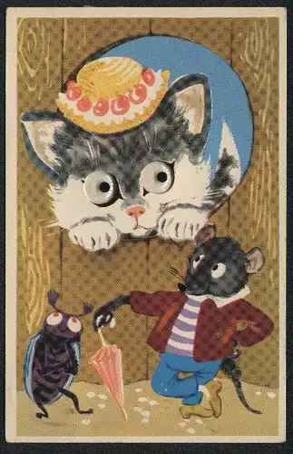 Glasaugen-AK Katze mit Hut guckt durch ein Loch auf Maus & Käfer
