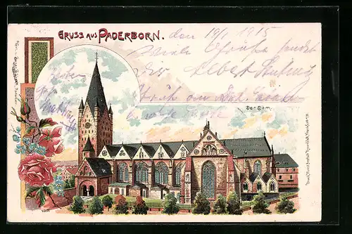 Lithographie Paderborn, Der Dom, von oben gesehen