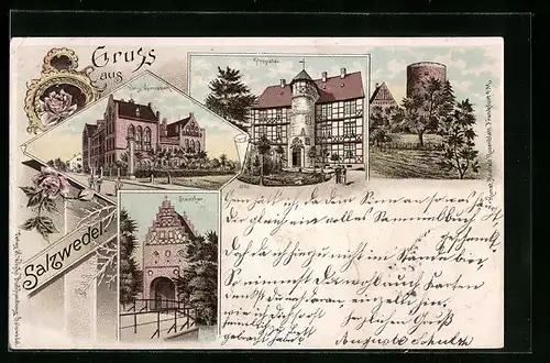 Lithographie Salzwedel, Propstei, Wehrturm, Steinthor