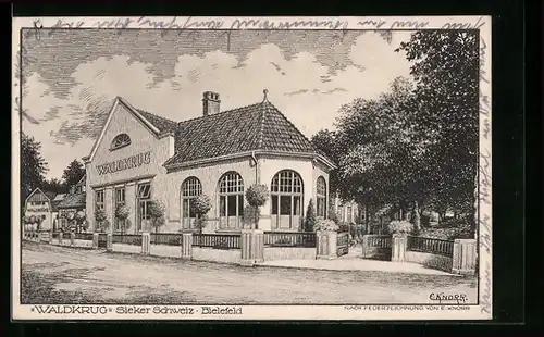 Künstler-AK Bielefeld, Gasthof Waldkrug Sieker Schweiz A. Wedding mit Strasse