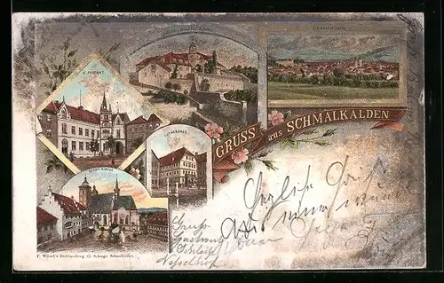 Lithographie Schmalkalden, Schloss, Ortspartie mit Kirche, Lutherhaus, Gesamtansicht