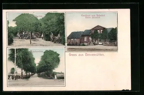 AK Bennemühlen, Gasthaus am Bahnhof H. Schmidt mit Garten, Lindenallee