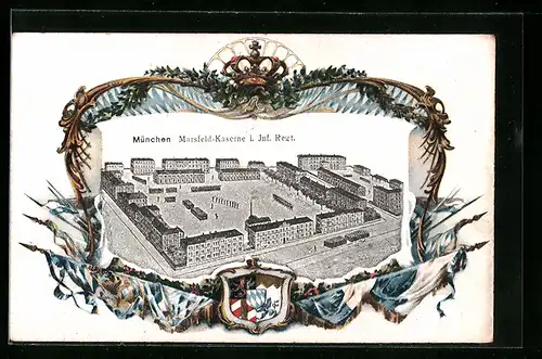 Passepartout-AK München, Marsfeld-Kaserne I. Inf. Regt. aus der Vogelschau, Wappen und Krone
