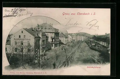 AK Ebersbach i. S., Bahnhofstrasse mit Geschäftsbücher-Fabrik Clemens