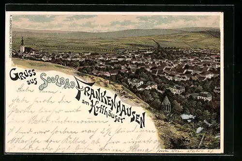 Lithographie Frankenhausen, Ortsansicht vom Berg aus