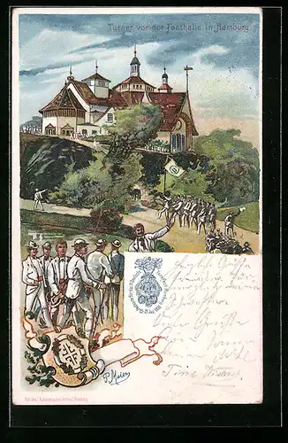Lithographie Hamburg, IX. Deutsches Turnfest 1898, Turner vor der Festhalle