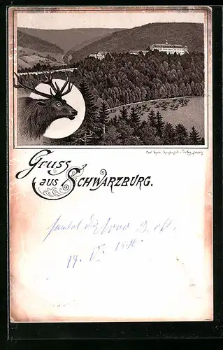 Vorläufer-Lithographie Schwarzburg, 1895, Gebirgspanorama mit Schloss