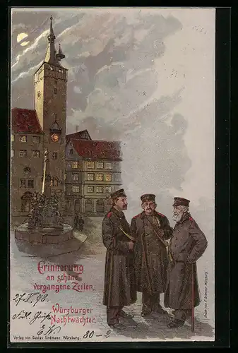 Lithographie Würzburg, Nachtwächter im Gespräch