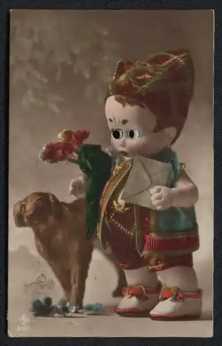 Glasaugen-AK Puppe in Tracht mit Hund bringt Glückwünsche