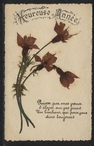 Trockenblumen-AK Heureuse Annee, Geheimnissvolle dunkle Blüten, Aufgeklebte Blumen