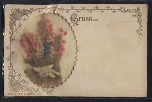 Trockenblumen-AK Wunderschöner Wildblumenstrauch in einem Rahmen, Aufgeklebt