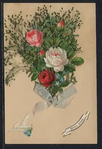 Trockenblumen-AK Bonne annee, Herrlicher Rosenstrauss mit aufgeklebter Schleife und Friedenstaube
