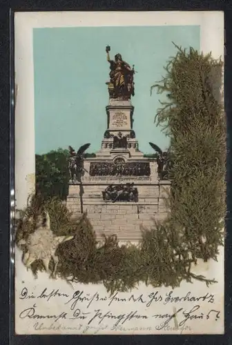 Trockenblumen-AK Blick auf eine Statue, Aufgeklebte grüne Zweige