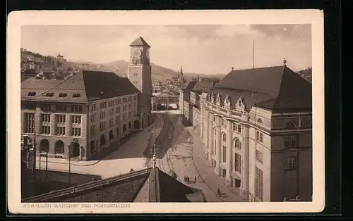 AK St. Gallen, Bahnhof und Post aus der Vogelschau