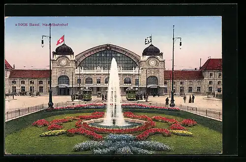 AK Basel, Strassenbahnen vor dem Hauptbahnhof
