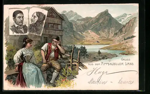 Lithographie Paar in Tracht sitzt vor dem Haus, Altes Ehepaar