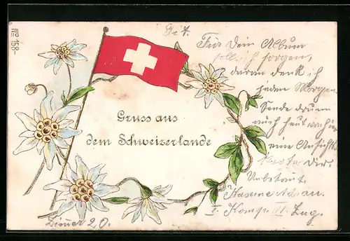 Präge-Lithographie Schweiz, Nationalflagge und Edelweisskranz