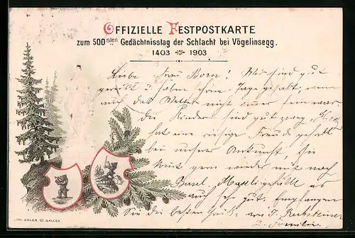 Präge-Lithographie Vögelinsegg, 500ster Gedächtnistag der Schlacht 1903, Bärenwappen, Helvetia