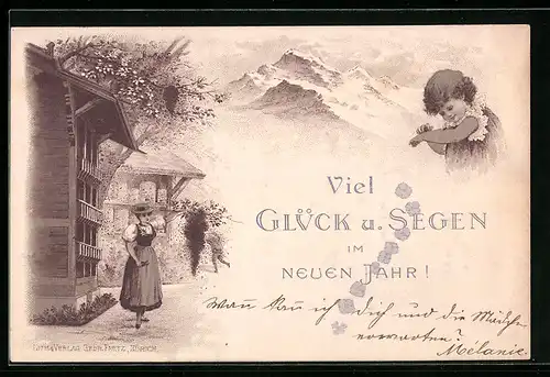 Lithographie Schweiz, Schweizerin vor einem Chalet, Kleines Mädchen