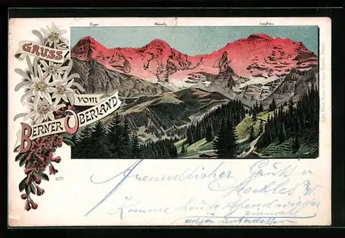 Lithographie Berner Oberland /Schweiz, Blick auf Mönch, Eiger, Jungfrau
