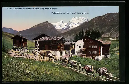 AK Saas-Fée, Abfahrt der Post vom Ort nach Stalden m. Fletschhorn