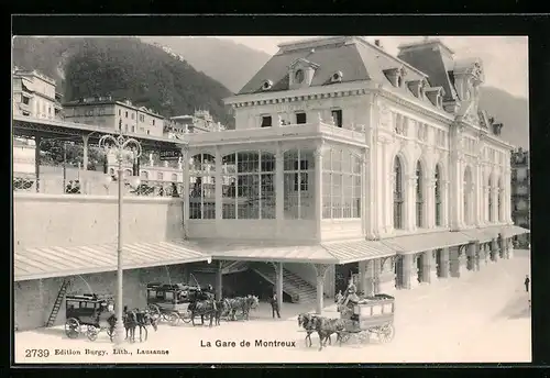 AK Montreux, Bahnhof mit Pferdekutschen