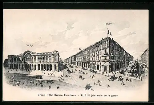 AK Turin, La gare, grand hôtel suisse terminus, Strassenbahn