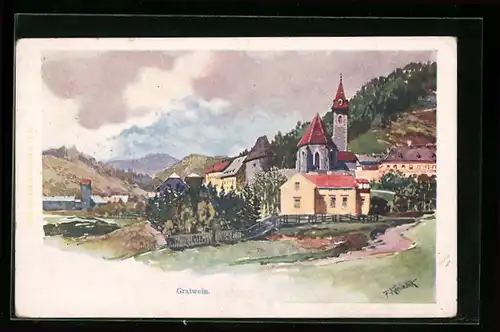 Künstler-AK Franz Kopallik: Gratwein, Ortspartie mit Kirche