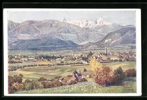 AK Deutscher Schulverein Nr. 1613: Villach /Kärnten, Panorama mit Stadt und Gebirge