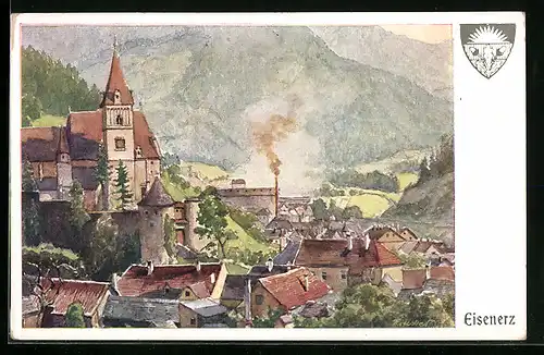 AK Deutscher Schulverein NR 597: F. Hofecker, Eisenerz, Gesamtansicht aus der Vogelschau