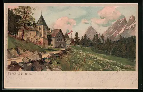 Künstler-AK Zeno Diemer: Nassareith, Fernpass mit dem Gasthof Fernstein