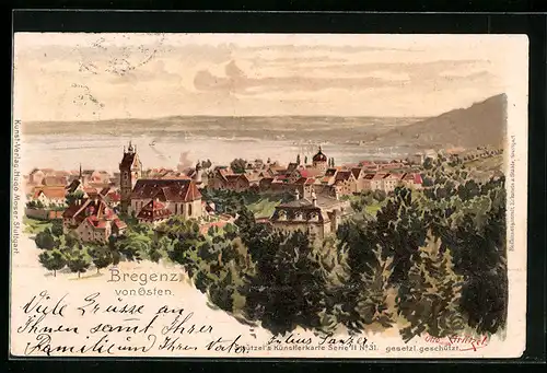 Künstler-AK Otto Strützel: Bregenz, Teilansicht von Osten mit See