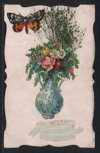 Trockenblumen-AK Ein Blumenstrauss in einer bauchigen Vase mit einem Schmetterling