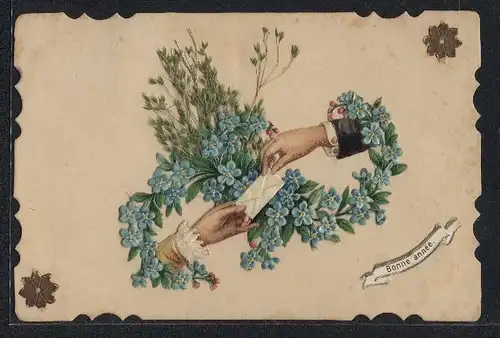 Trockenblumen-AK Bonne annee, Männerhand und Frauenhand teilen sich einen Brief, echte getrocknete aufgeklebte Blume