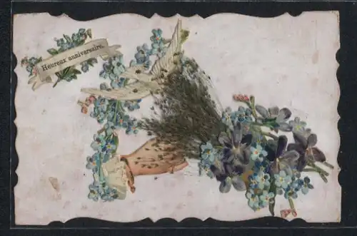 Trockenblumen-AK Heureux anniversaire, Friedenstaube, Prächtiger Blumenstrauss in wunderschönen Farben