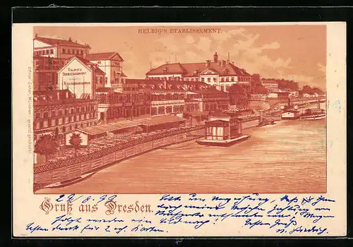 Lithographie Dresden, Helbigs Etablissement, Anlegestelle für Dampfer