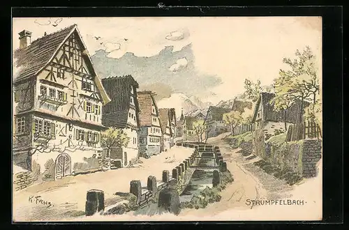 Künstler-AK Strümpfelbach, Ortsansicht mit Kanal und Dorfstrasse